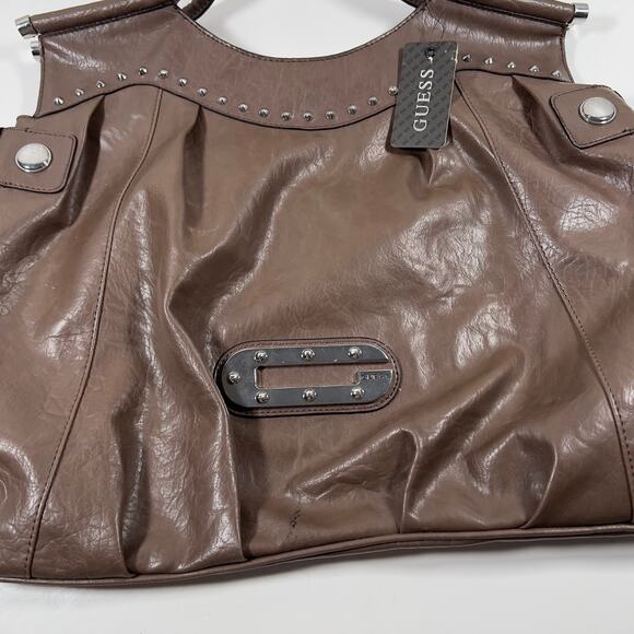 Guess Taupe Brown Large Hobo Metal Studded Distressed Leather Tote Vintage Y2K - Picture 9 of 16